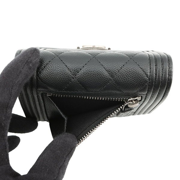 シャネル 三つ折り財布 ボーイシャネル ココマーク マトラッセ ウォレット キャビアスキン A80734 CHANEL 財布 黒