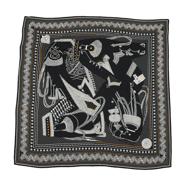 エルメス ストール カレ140 カレジェアン ズアヴとドラゴン Zouaves et Dragons HERMES シルク カシミヤ 2023年秋冬 黒