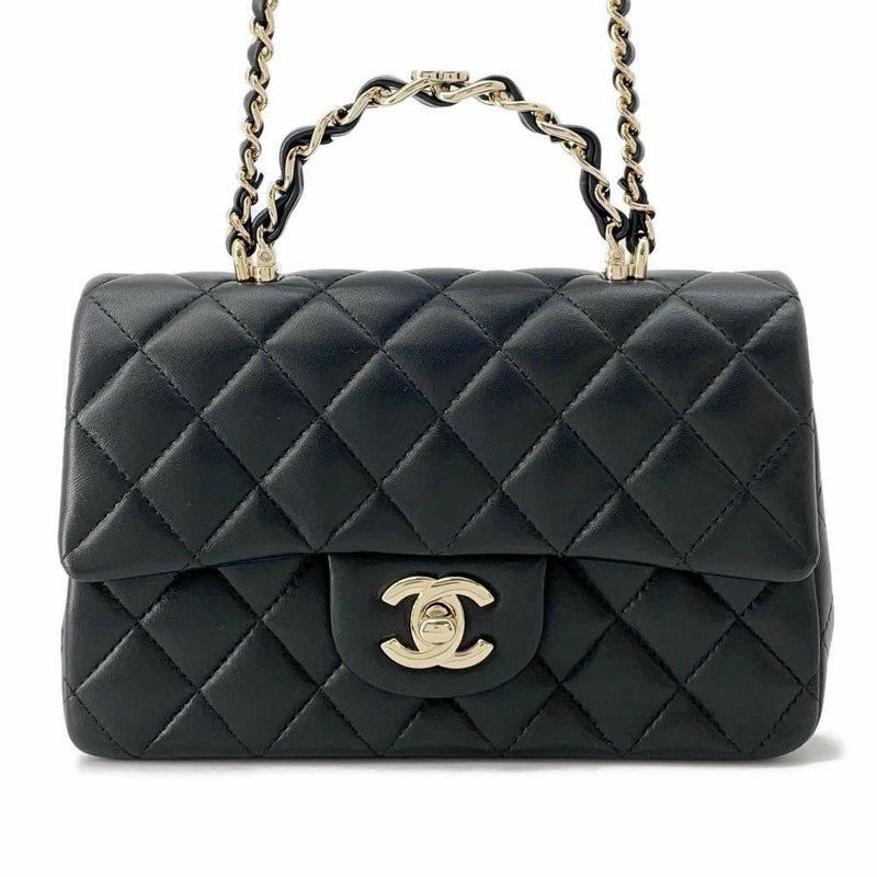 シャネル チェーンショルダーバッグ マトラッセ ココマーク トップハンドル ミニ メタリック グレインド カーフスキン AS2431 CHANEL 黒