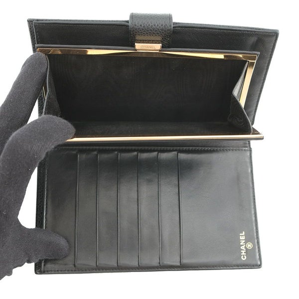 シャネル 長財布 ココマーク がま口 ロングウォレット キャビアスキン CHANEL 黒