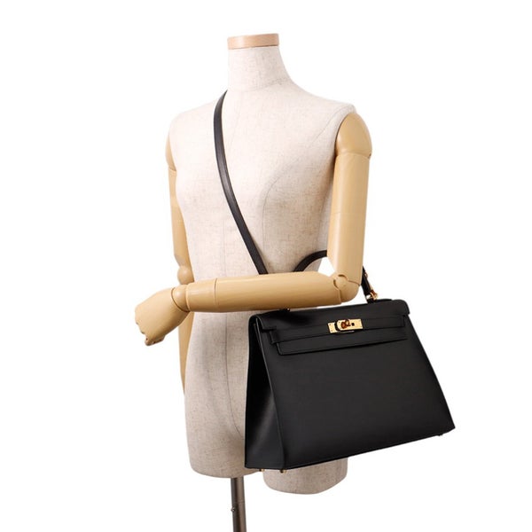 エルメス ハンドバッグ ケリー32 外縫い ブラック/ゴールド金具 ボックスカーフ □D刻印 ２wayショルダー 黒