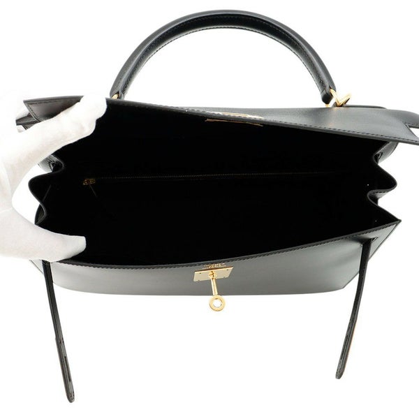 エルメス ハンドバッグ ケリー32 外縫い ブラック/ゴールド金具 ボックスカーフ □D刻印 ２wayショルダー 黒