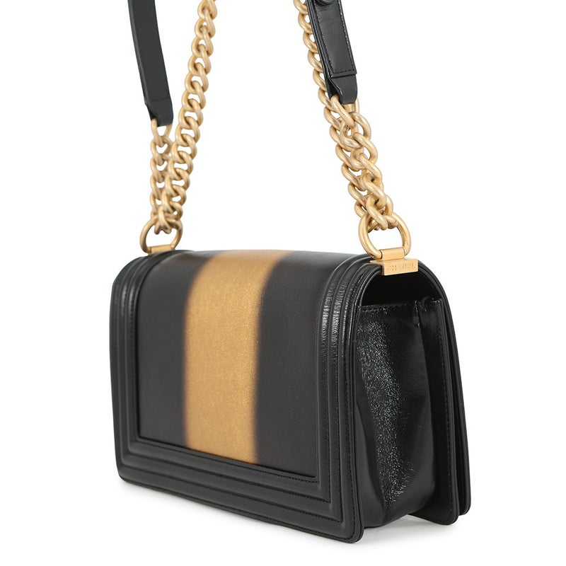 シャネル チェーンショルダーバッグ ボーイシャネル ストライプ レザー A67086 CHANEL バッグ 黒