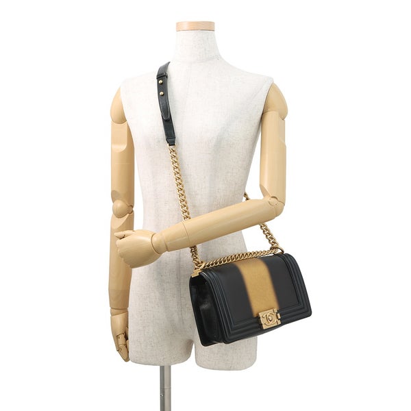 シャネル チェーンショルダーバッグ ボーイシャネル ストライプ レザー A67086 CHANEL バッグ 黒