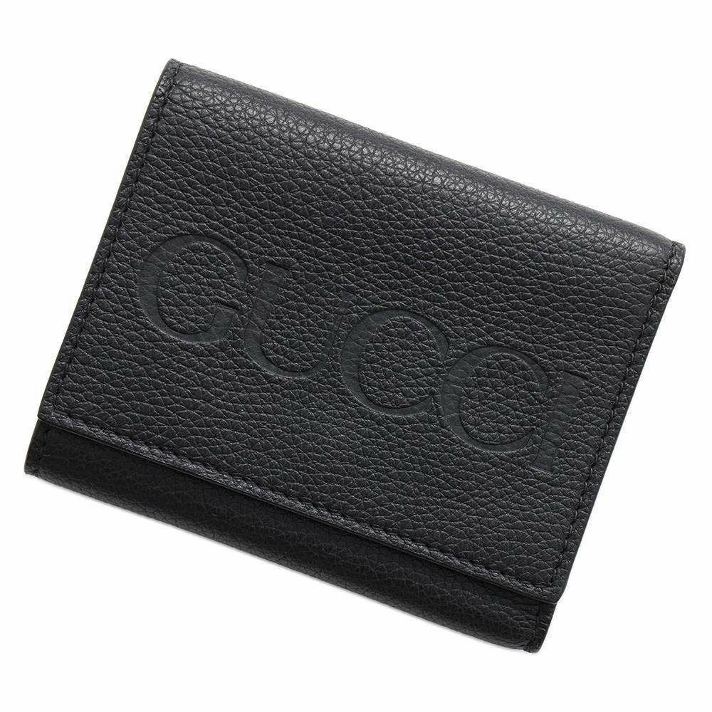 値下げ！！GUCCI ブラックレザー 三つ折り財布 グッチ 三つ折り財布 エンボスロゴ コンパクトウォレット レザー