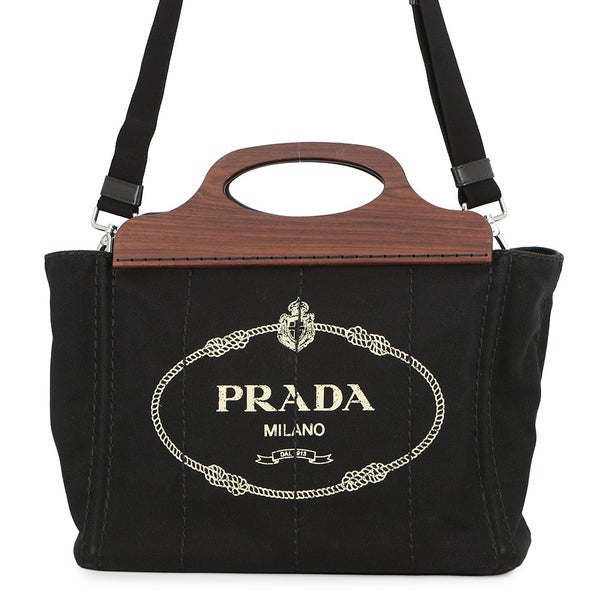 プラダ ハンドバッグ カナパ ロゴ ウッドハンドル キャンバス 1BG350 PRADA 2ｗayショルダーバッグ 黒 アウトレット品