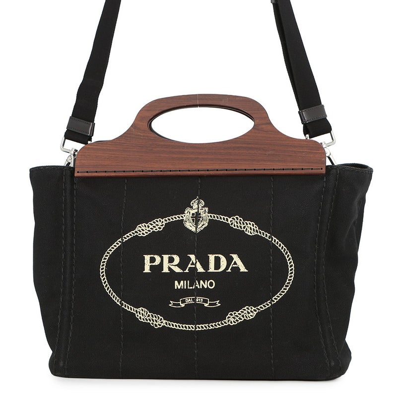 プラダ ハンドバッグ カナパ ロゴ ウッドハンドル キャンバス 1BG350 PRADA 2ｗayショルダーバッグ 黒 アウトレット品
