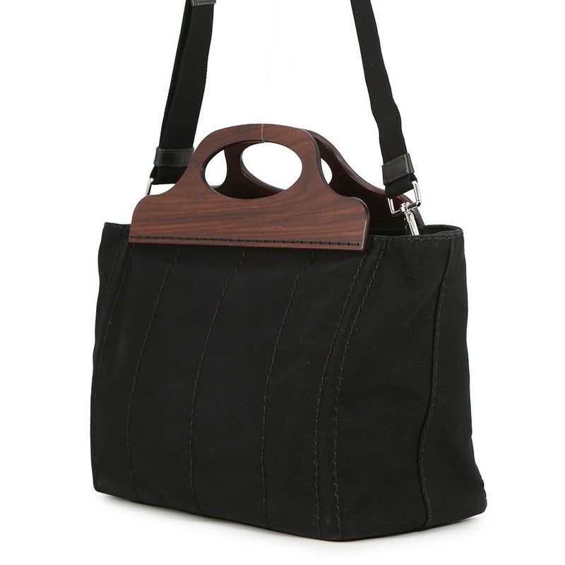 プラダ ハンドバッグ カナパ ロゴ ウッドハンドル キャンバス 1BG350 PRADA 2ｗayショルダーバッグ 黒 アウトレット品