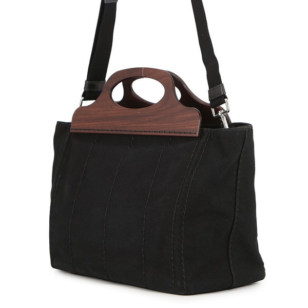 プラダ ハンドバッグ カナパ ロゴ ウッドハンドル キャンバス 1BG350 PRADA 2ｗayショルダーバッグ 黒 アウトレット品