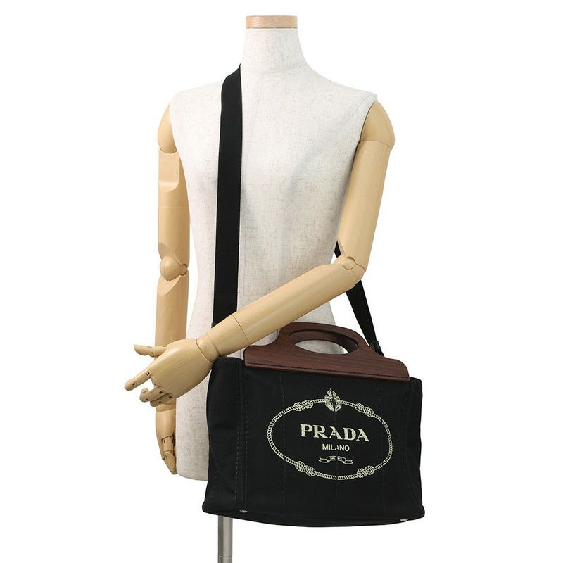 プラダ ハンドバッグ カナパ ロゴ ウッドハンドル キャンバス 1BG350 PRADA 2ｗayショルダーバッグ 黒 アウトレット品