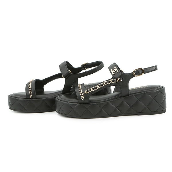 シャネル サンダル チェーンストラップ ココマーク レザー レディースサイズ38 G46300 CHANEL 靴 黒