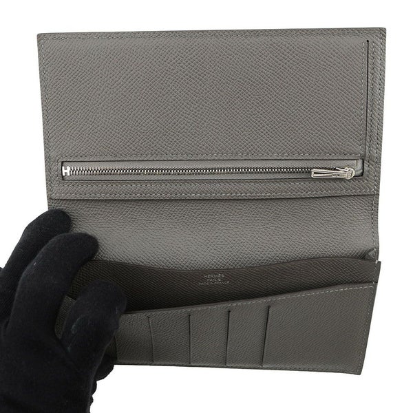 エルメス 二つ折り長財布 シチズンツイル ロング シルクイン グリメイヤー/シルバー金具 エプソン U刻印 メンズ 財布