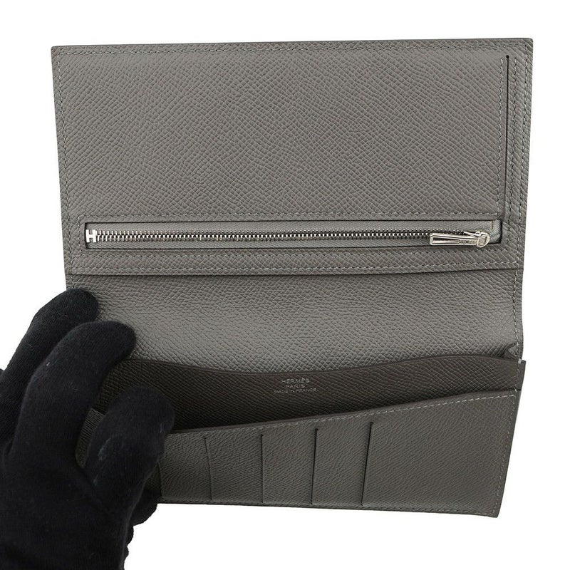 エルメス 二つ折り長財布 シチズンツイル ロング シルクイン グリメイヤー/シルバー金具 エプソン U刻印 メンズ 財布