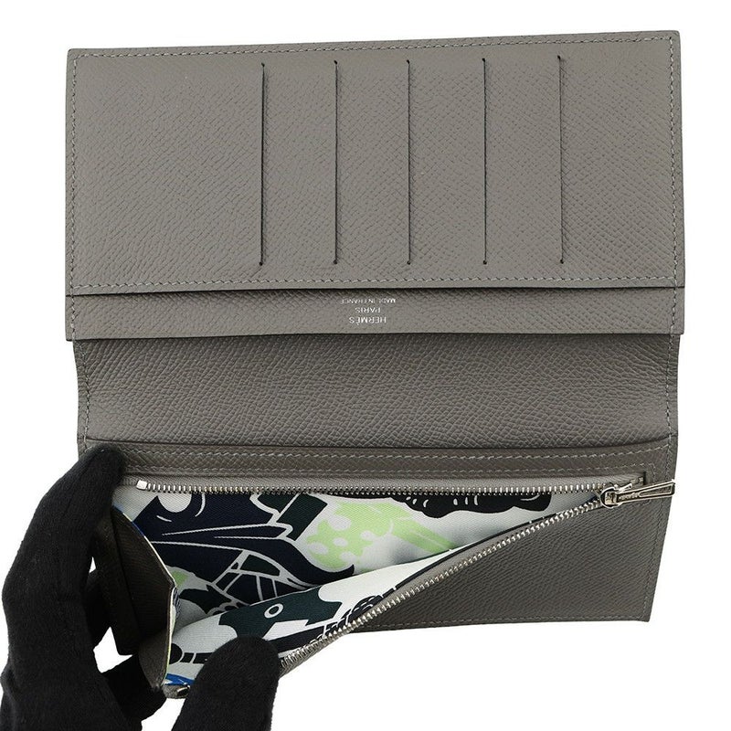 エルメス 二つ折り長財布 シチズンツイル ロング シルクイン グリメイヤー/シルバー金具 エプソン U刻印 メンズ 財布