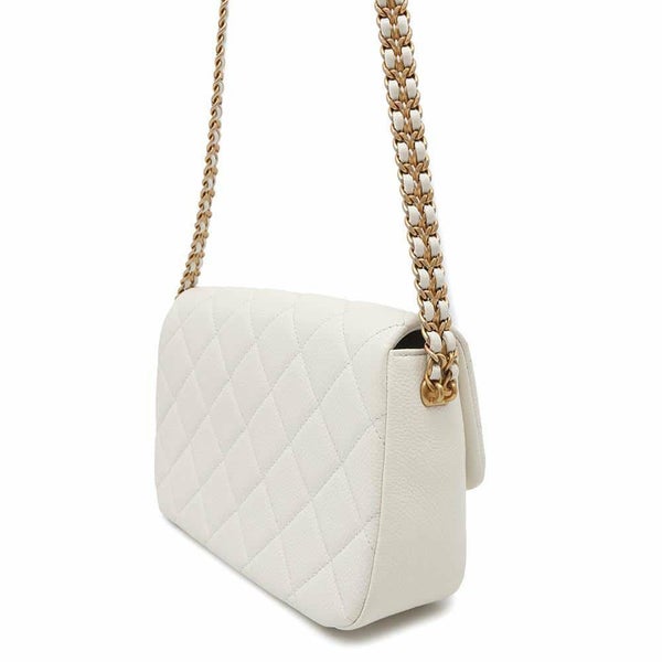 シャネル チェーンショルダーバッグ ココマーク マトラッセ コインモチーフ キャビアスキン AS2528 CHANEL 白