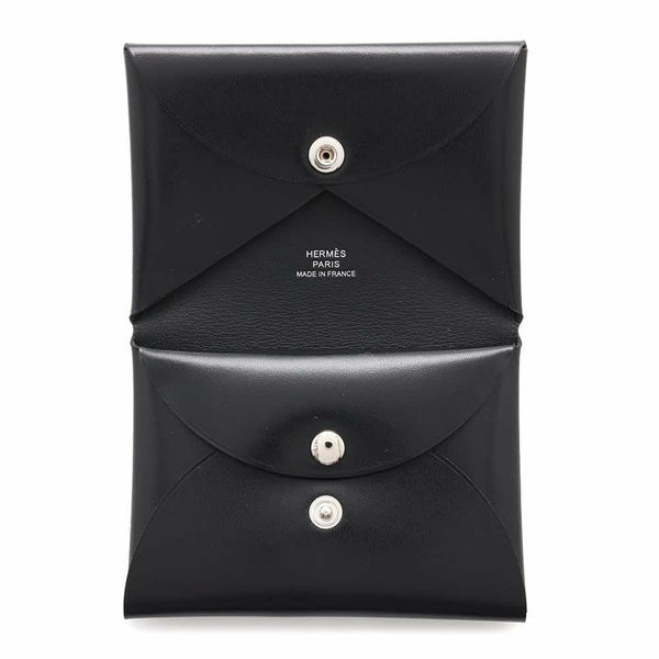 エルメス コインケース カルヴィ デュオ ブラック/シルバー金具 ボックスカーフ W刻印 財布 黒