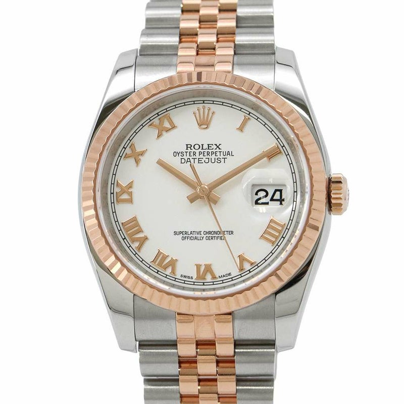 ロレックス デイトジャスト SS/K18PG ランダムシリアル ルーレット 116231 ROLEX 腕時計 白文字盤 ローマン