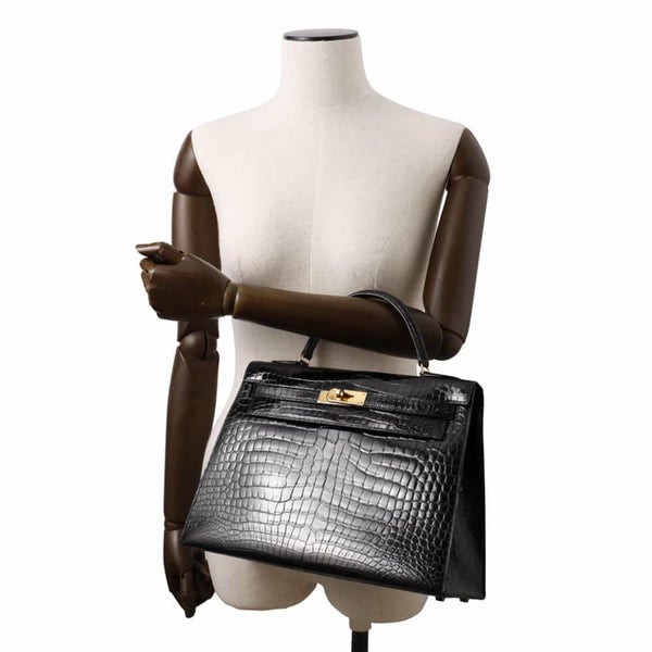 エルメス ハンドバッグ ケリー32 外縫い ブラック/ゴールド金具 ポロサスシャイン 〇V刻印 2wayショルダー 黒