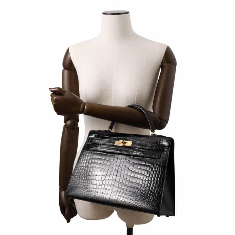 エルメス ハンドバッグ ケリー32 外縫い ブラック/ゴールド金具 ポロサスシャイン 〇V刻印 2wayショルダー 黒