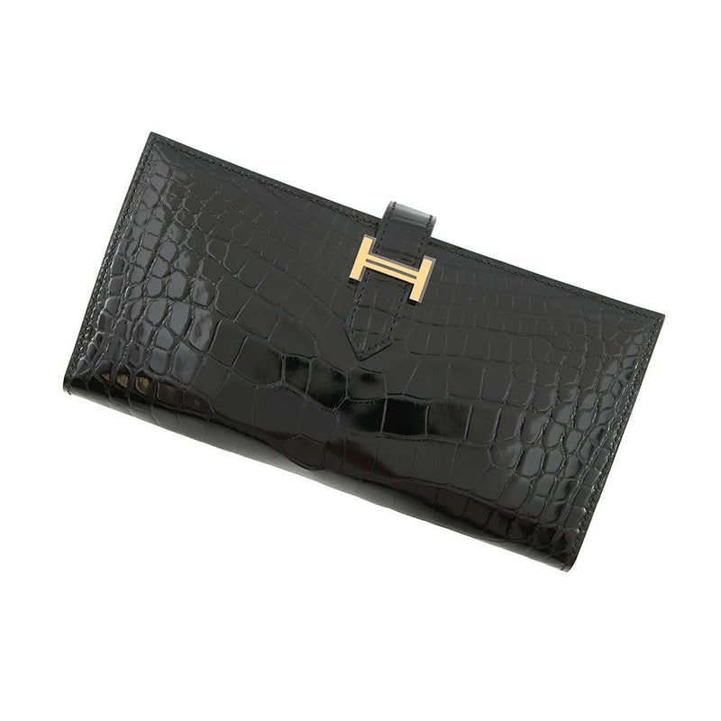 エルメス 長財布 ベアンスフレ ブラック/ゴールド金具 アリゲーターシャイン K刻印 財布 黒