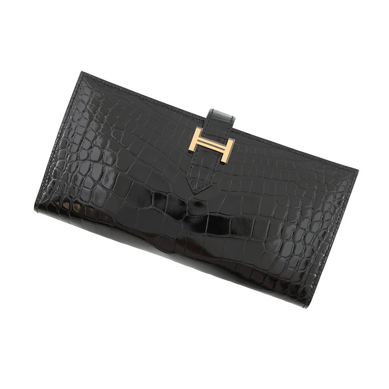 エルメス 長財布 ベアンスフレ ブラック/ゴールド金具 アリゲーターシャイン K刻印 財布 黒