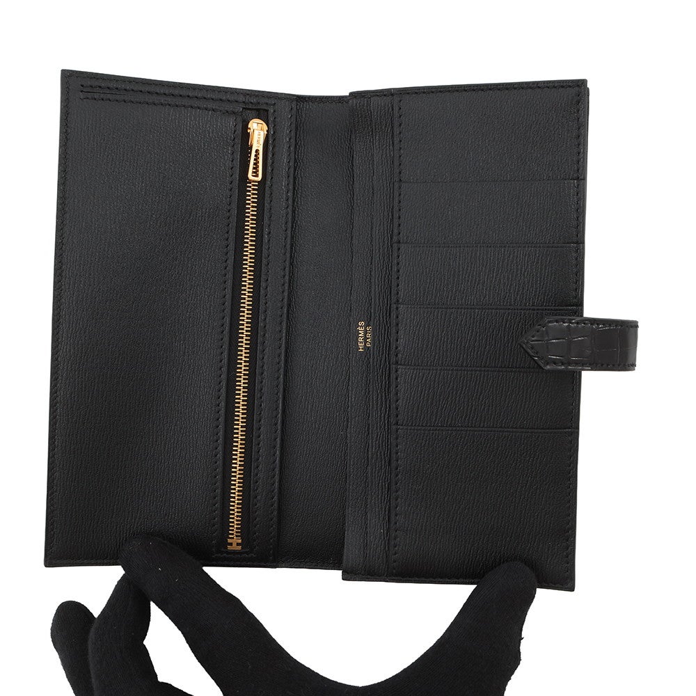 HERMESベアンスフレ 長財布　ブラック×ゴールド エルメス 長財布 ベアンスフレ ブラック/ゴールド金具 アリゲーター