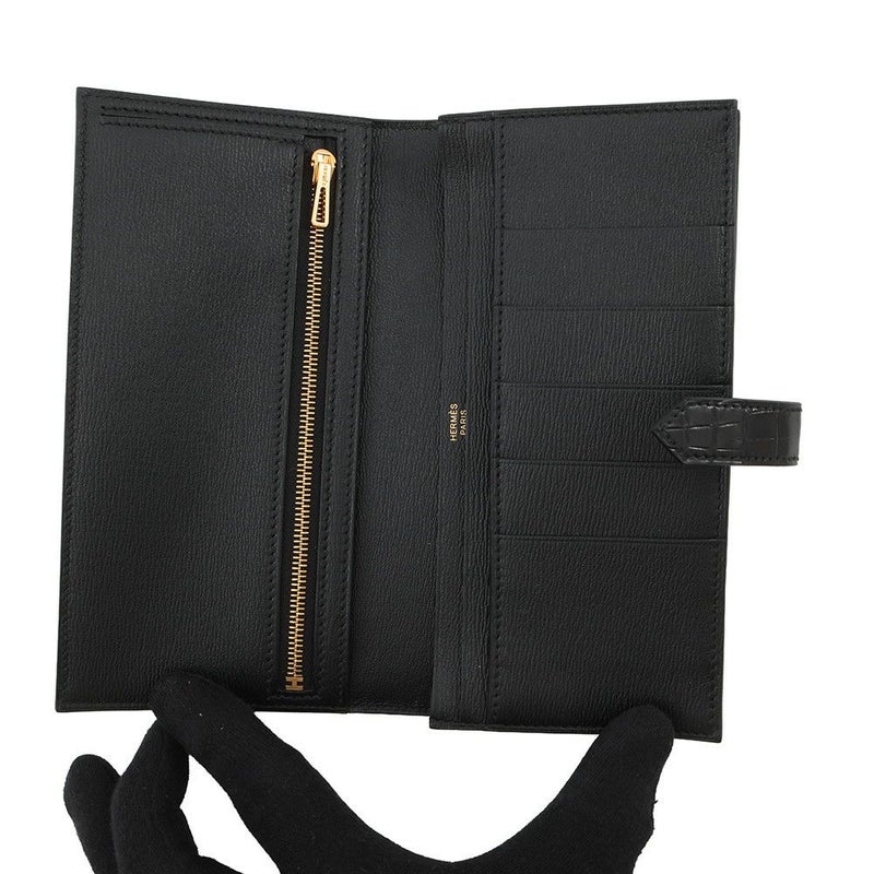エルメス 長財布 ベアンスフレ ブラック/ゴールド金具 アリゲーターシャイン K刻印 財布 黒