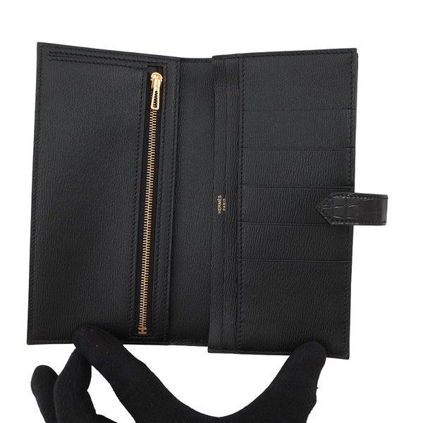 エルメス 長財布 ベアンスフレ ブラック/ゴールド金具 アリゲーターシャイン K刻印 財布 黒