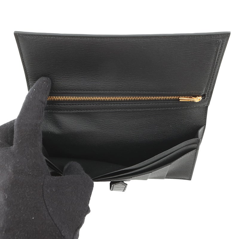 エルメス 長財布 ベアンスフレ ブラック/ゴールド金具 アリゲーターシャイン K刻印 財布 黒