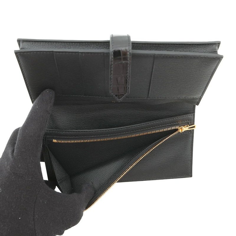 エルメス 長財布 ベアンスフレ ブラック/ゴールド金具 アリゲーターシャイン K刻印 財布 黒