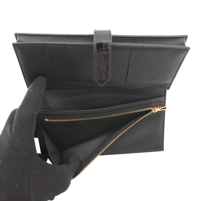 エルメス 長財布 ベアンスフレ ブラック/ゴールド金具 アリゲーターシャイン K刻印 財布 黒