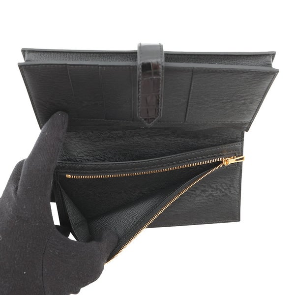 エルメス 長財布 ベアンスフレ ブラック/ゴールド金具 アリゲーターシャイン K刻印 財布 黒