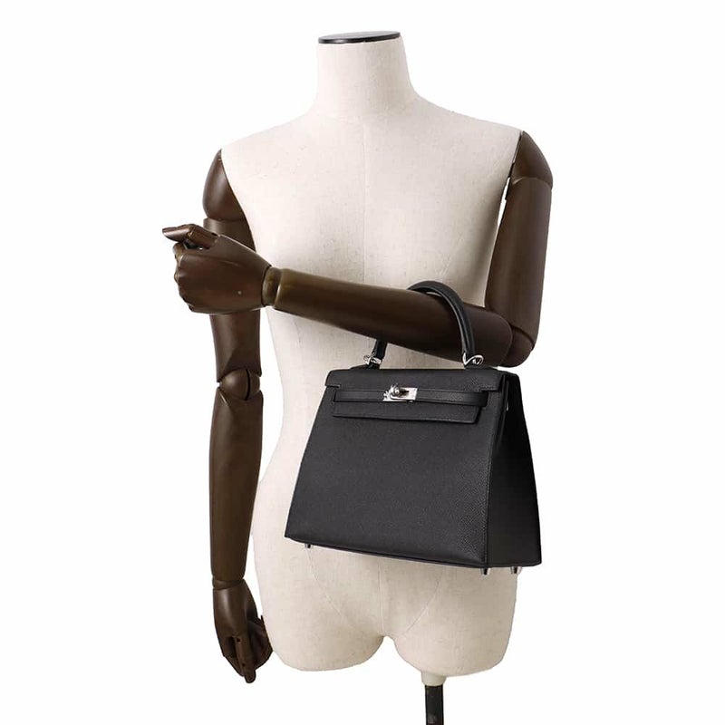 エルメス ハンドバッグ ケリー25 外縫い ブラック/シルバー金具 エプソン W刻印 2wayショルダー 黒