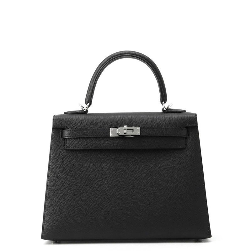 エルメス ハンドバッグ ケリー25 外縫い ブラック/シルバー金具 エプソン K刻印 ２wayショルダー 黒