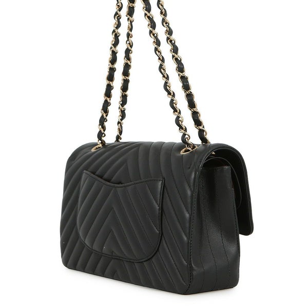 シャネル チェーンショルダーバッグ シェブロン Vステッチ ココマーク ラムスキン A01112 CHANEL ダブルチェーン 黒