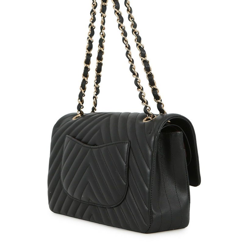 シャネル チェーンショルダーバッグ シェブロン Vステッチ ココマーク ラムスキン A01112 CHANEL ダブルチェーン 黒