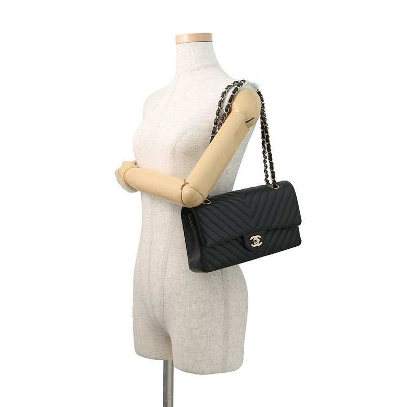 シャネル チェーンショルダーバッグ シェブロン Vステッチ ココマーク ラムスキン A01112 CHANEL ダブルチェーン 黒