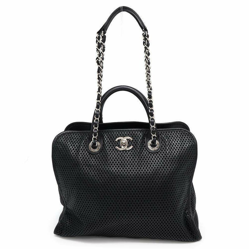 シャネル トートバッグ ココマーク フレンチヴィエラ パンチング CHANEL 2wayショルダー ハンドバッグ 黒