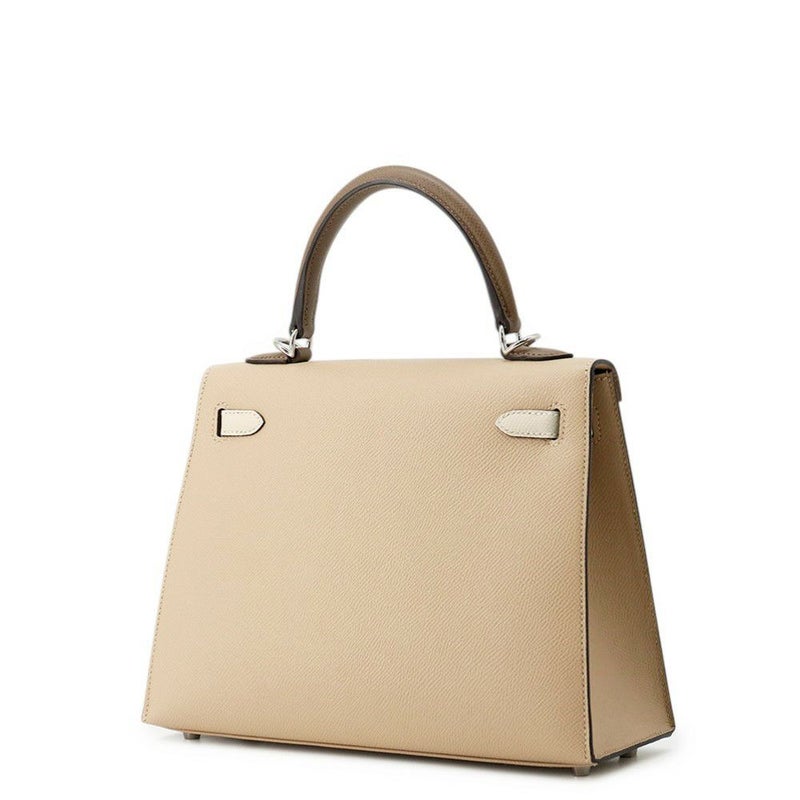 エルメス ケリー25 外縫い トリコロール トレンチ/クレ/エトゥープ/シルバー金具 エプソン K刻印 ２wayショルダー