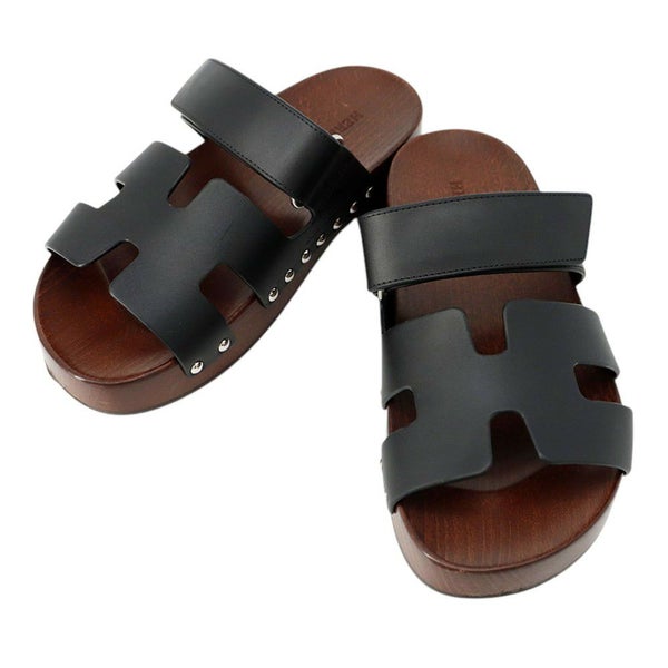 エルメス サンダル コス レザー ウッド レディースサイズ35 HERMES 靴 黒