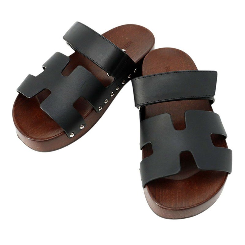 エルメス サンダル コス レザー ウッド レディースサイズ35 HERMES 靴 黒