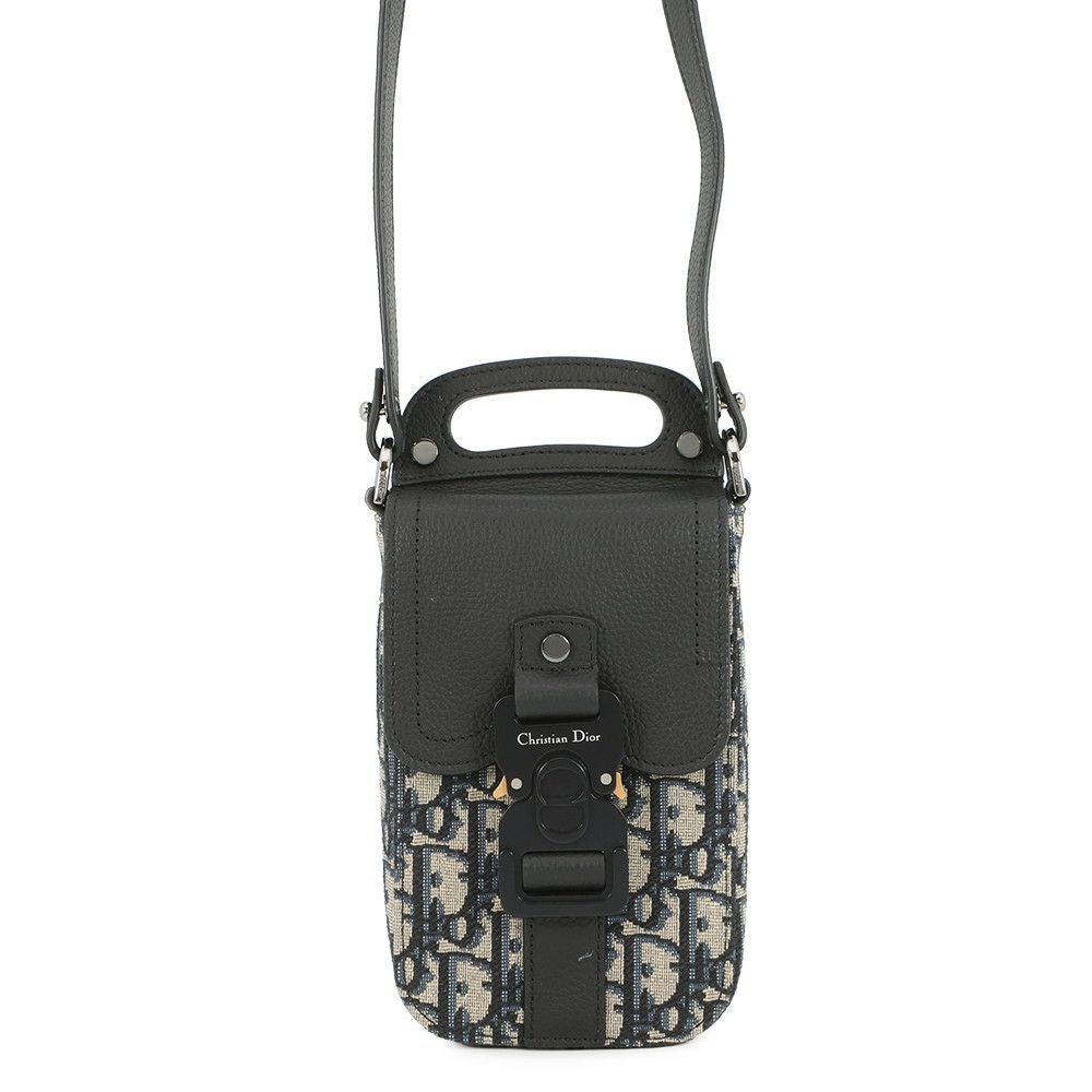 Christian Dior クリスチャンディオール サドル オブリーク バーティカルポーチ ショルダーバッグ フォンショルダー ミニバッグ ネイビー×ブラック キャンバス×レザー シルバー金具 ディオール サドルバッグ ミニ オブリーク ショルダーバッグ
