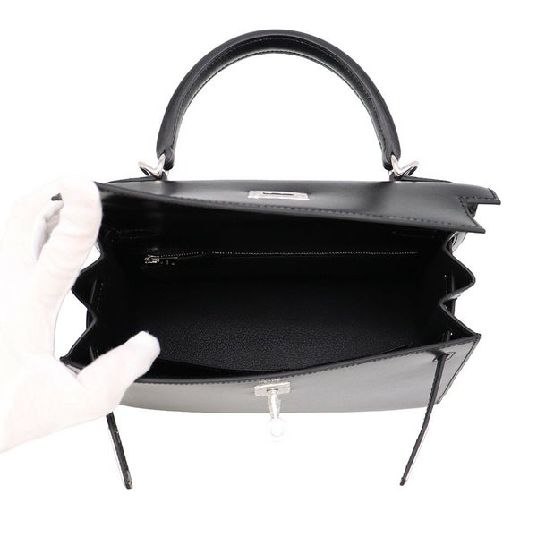 エルメス ハンドバッグ ケリー25 外縫い ブラック/シルバー金具 ボックスカーフ K刻印 ２wayショルダー 黒