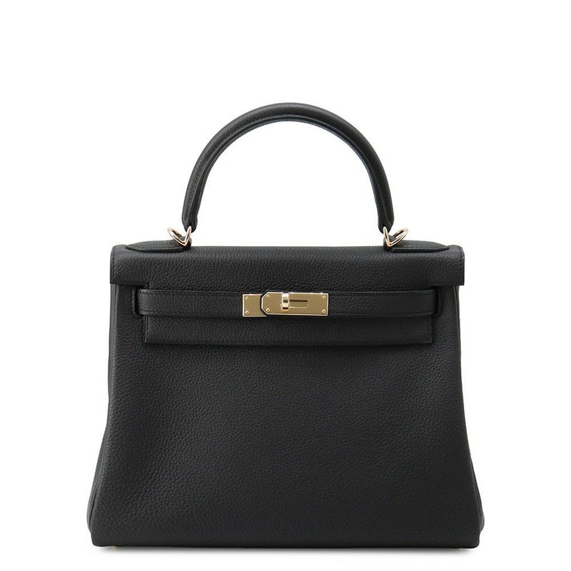 エルメス ハンドバッグ ケリー28 内縫い ブラック/シャンパンゴールド金具 トゴ K刻印 ２wayショルダー 黒