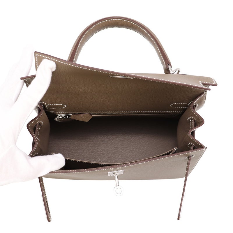 エルメス ハンドバッグ ケリー25 外縫い エトゥープ/シルバー金具 ヴォーマダム G刻印 ２wayショルダー