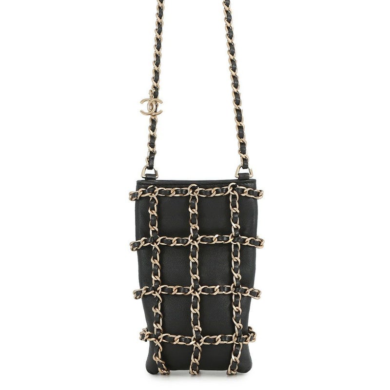 シャネル チェーンショルダーバッグ  チョコバー フォンケース ラムスキン AP1161 CHANEL 黒