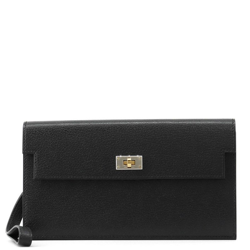 エルメス 長財布 ケリーポケット ロング ブラック/エレクトラム金具 シェブルシャムキラ W刻印 黒