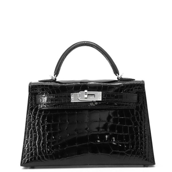 エルメス ミニケリー2 外縫い ブラック/シルバー金具 アリゲーターシャイン K刻印 HERMES ２wayショルダー 黒