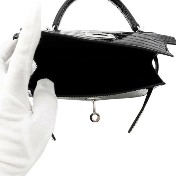 エルメス ミニケリー2 外縫い ブラック/シルバー金具 アリゲーターシャイン K刻印 HERMES ２wayショルダー 黒