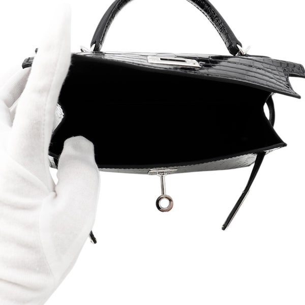 エルメス ミニケリー2 外縫い ブラック/シルバー金具 アリゲーターシャイン K刻印 HERMES ２wayショルダー 黒